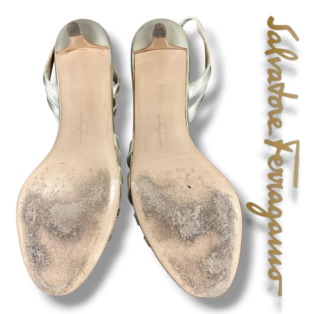 Salvatore FERRAGAMO Gold Kitten Heel Women's Leather Metallic Slingback Sandals - Picture 10 of 11